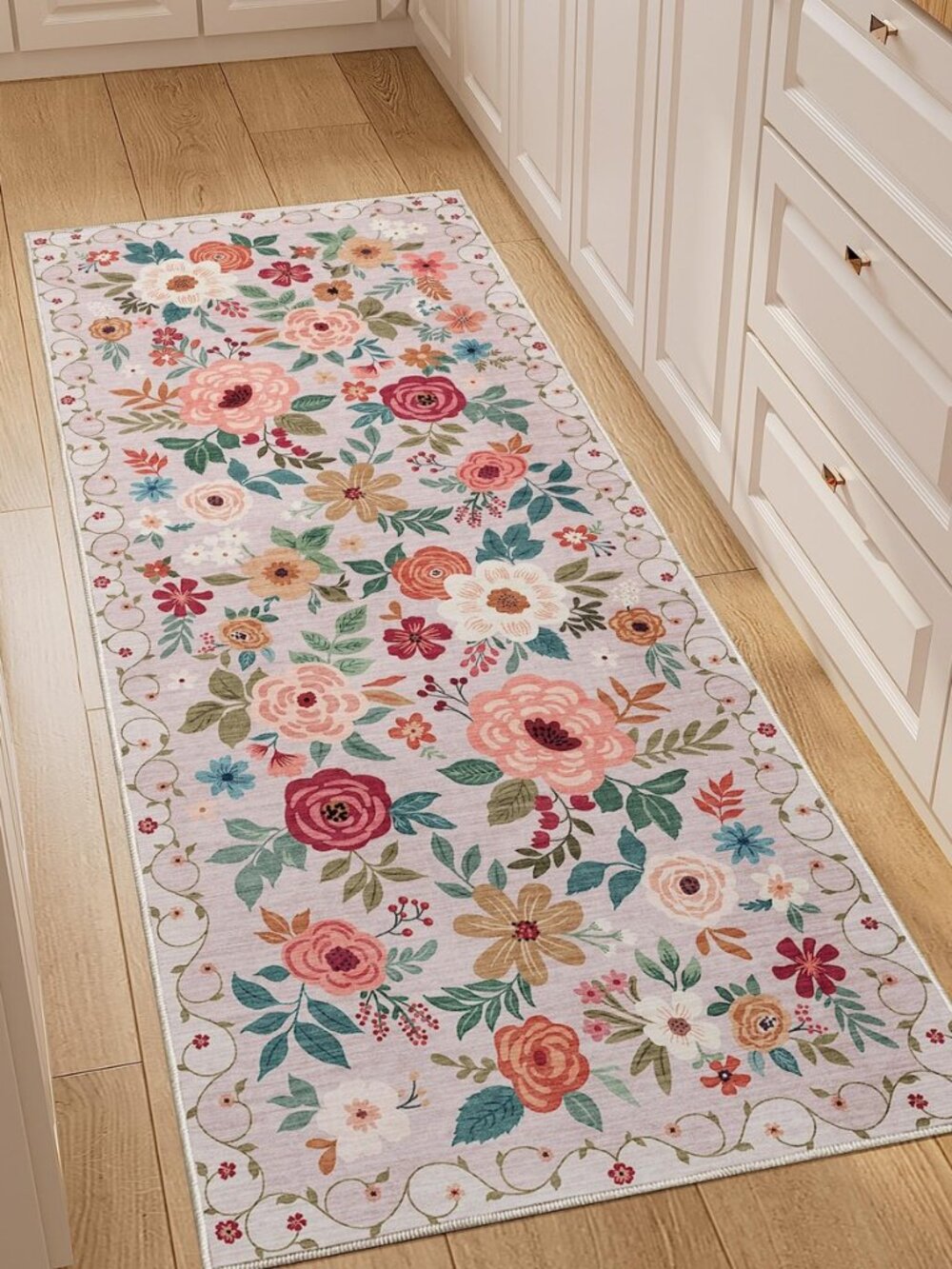 2x5 Runner Rug, Floral Washable Rug for Kitchen Non Slip, Beige
